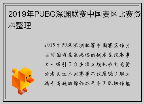 2019年PUBG深渊联赛中国赛区比赛资料整理