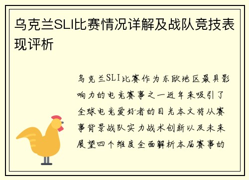 乌克兰SLI比赛情况详解及战队竞技表现评析